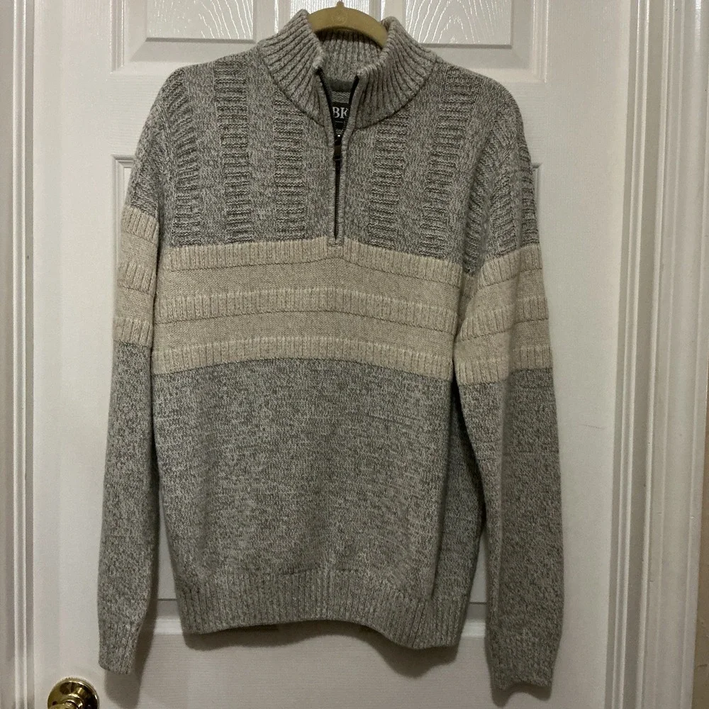 BKE Buckle Sweater‎ Men LARGE 1/4 Zip Lt Gray/Cream Textured Knit Pullover Heavy